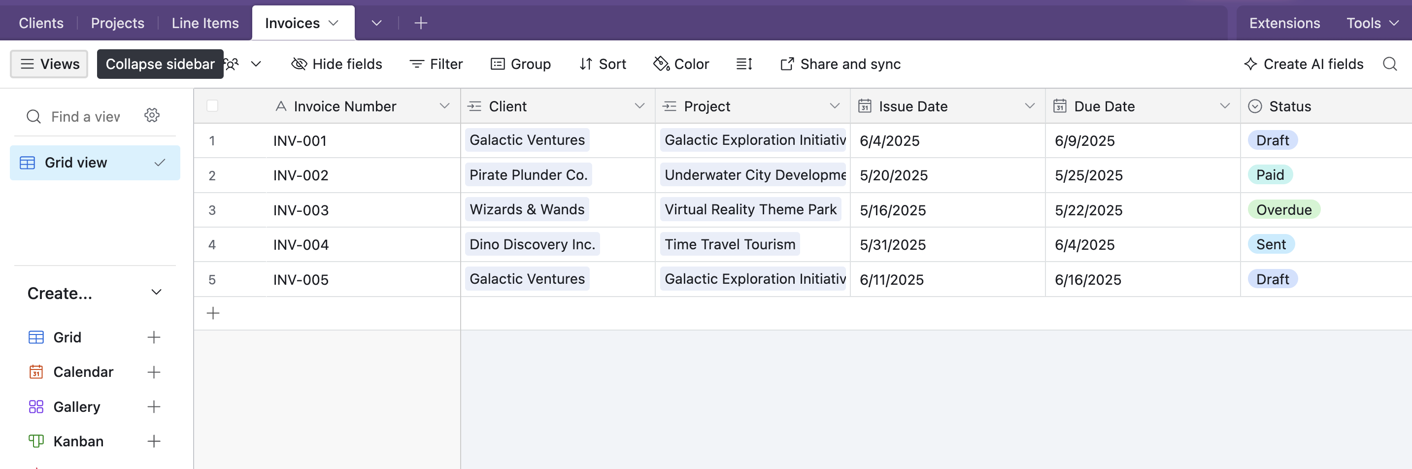 Airtable invoices table with Status, Email, and PDF Attachment fields