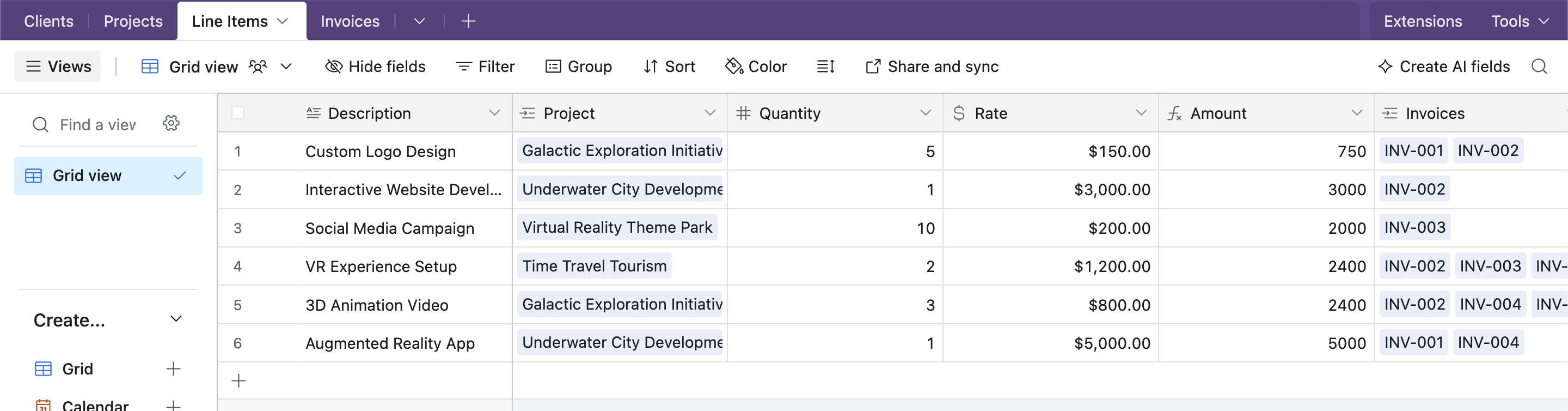Line Items table linked to invoices