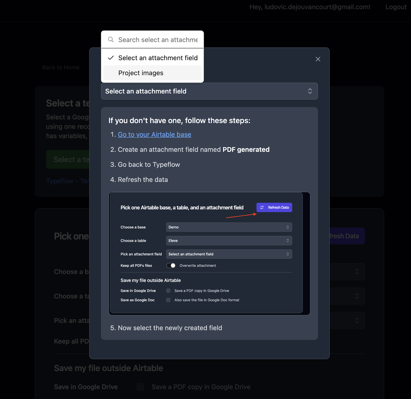 Select the attachment field for PDF storage