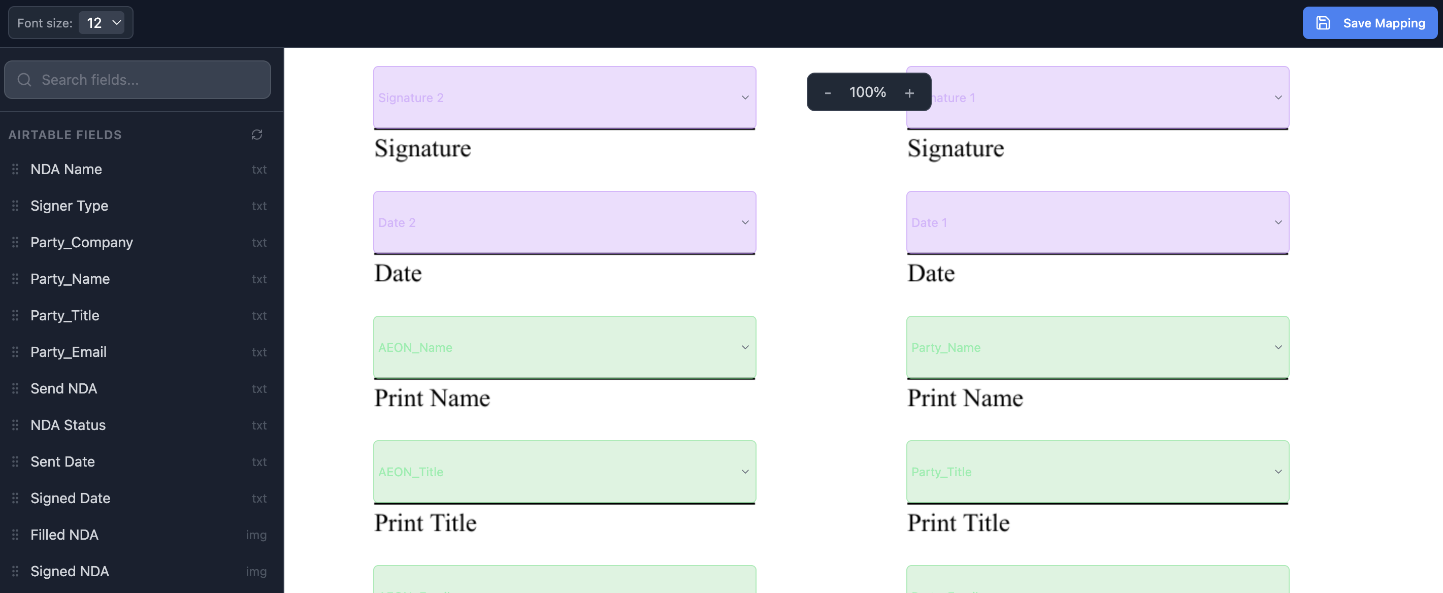 Detected PDF form fields mapped to Airtable columns, with signature fields marked separately