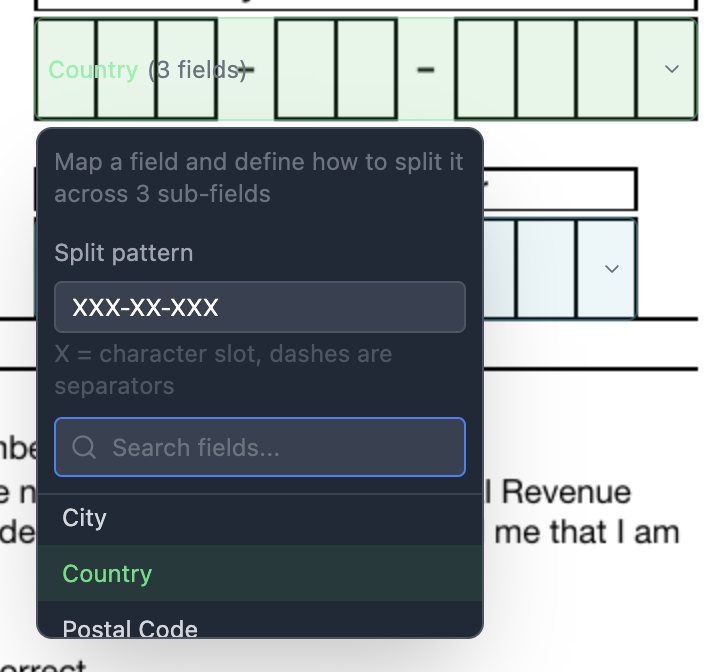 Mapping one Airtable field across a group of split PDF form boxes