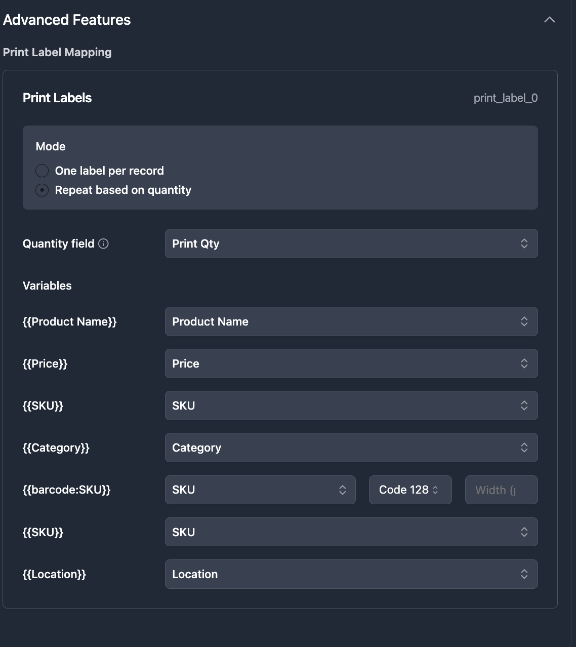 Quantity mode configuration for label printing