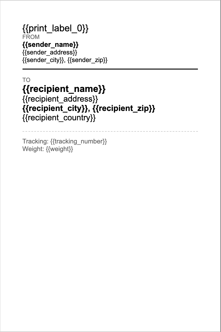 Shipping label template for thermal printer