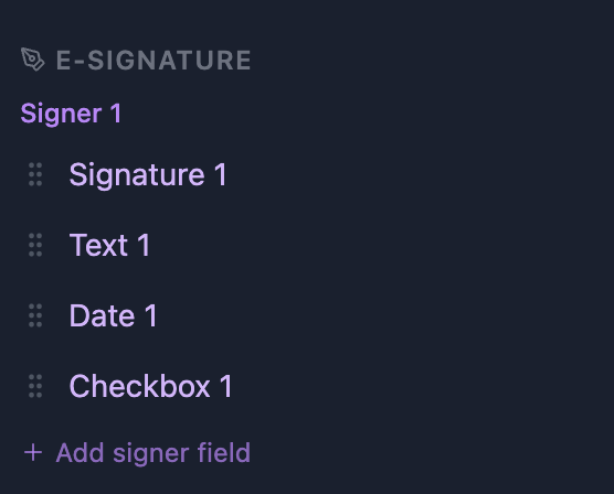 Signature, text, date, and checkbox fields grouped by signer in the PDF editor