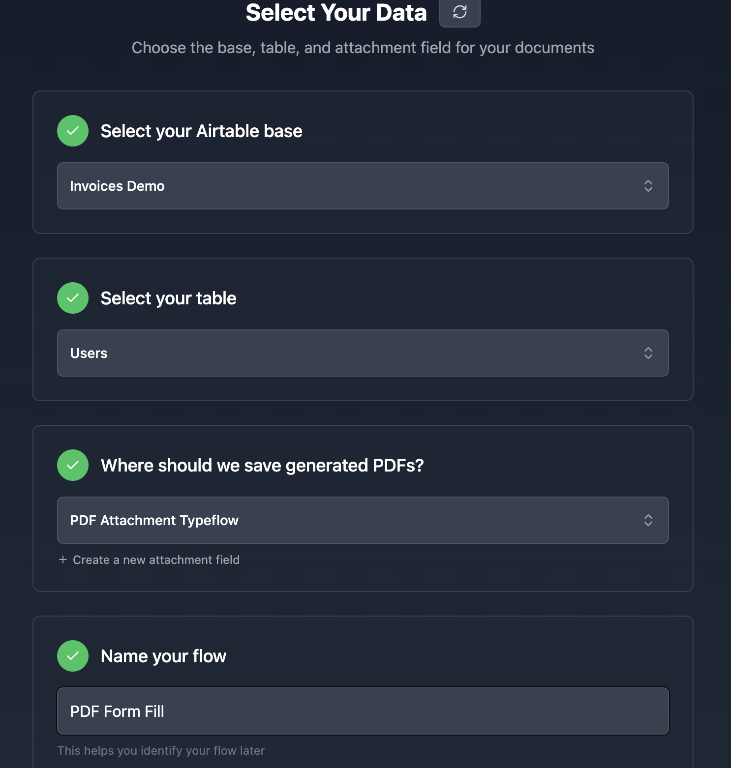 Selecting the Airtable base, table, and attachment field where filled PDFs are saved