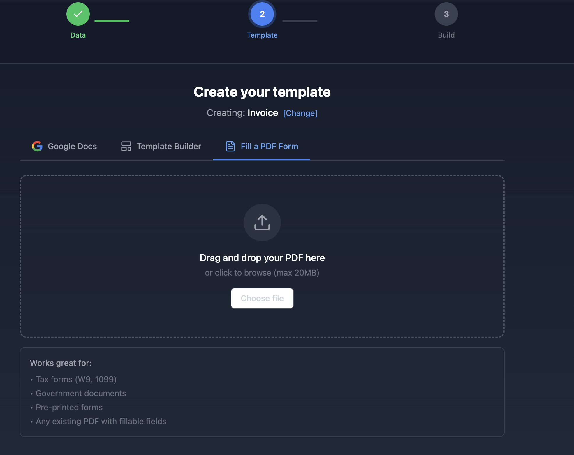 Uploading an existing PDF form in TypeFlow, alongside the Google Docs and Template Builder options