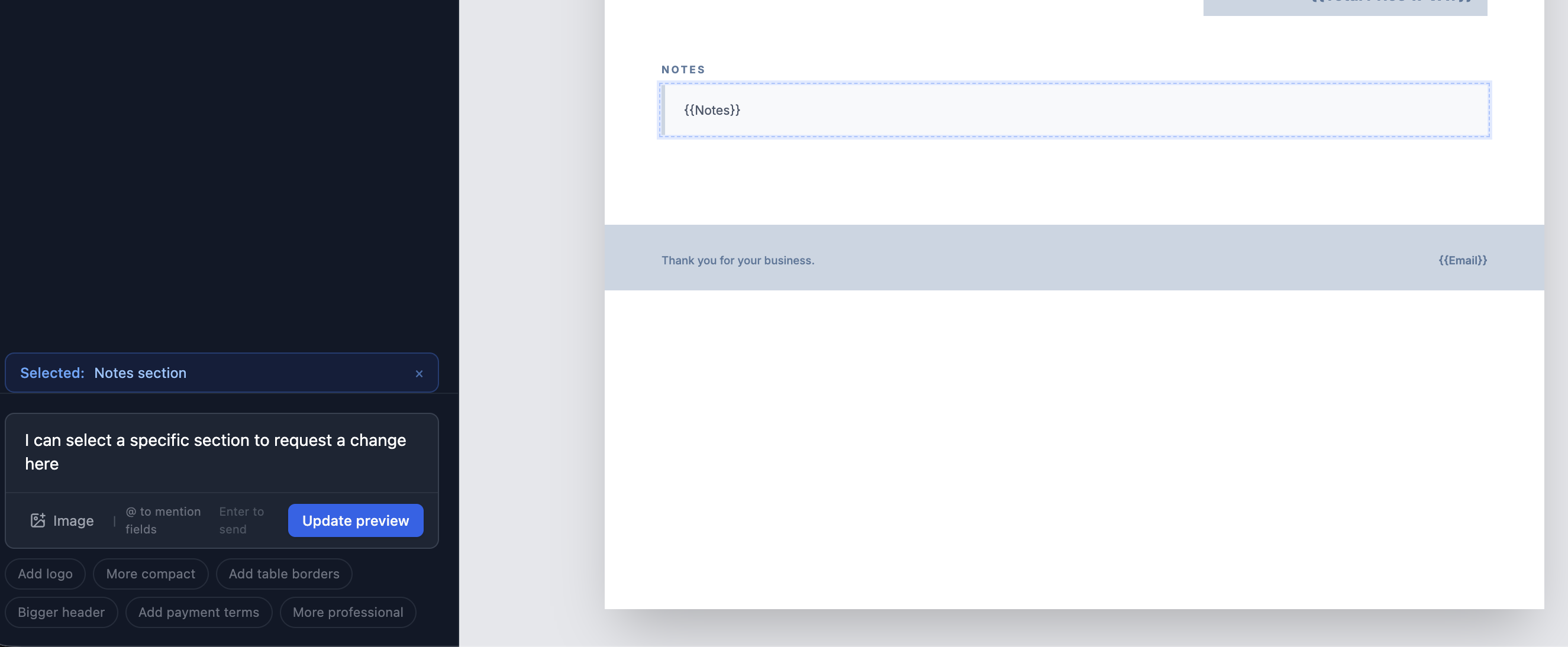Click-to-select: selected Notes section with composer showing Selected pill