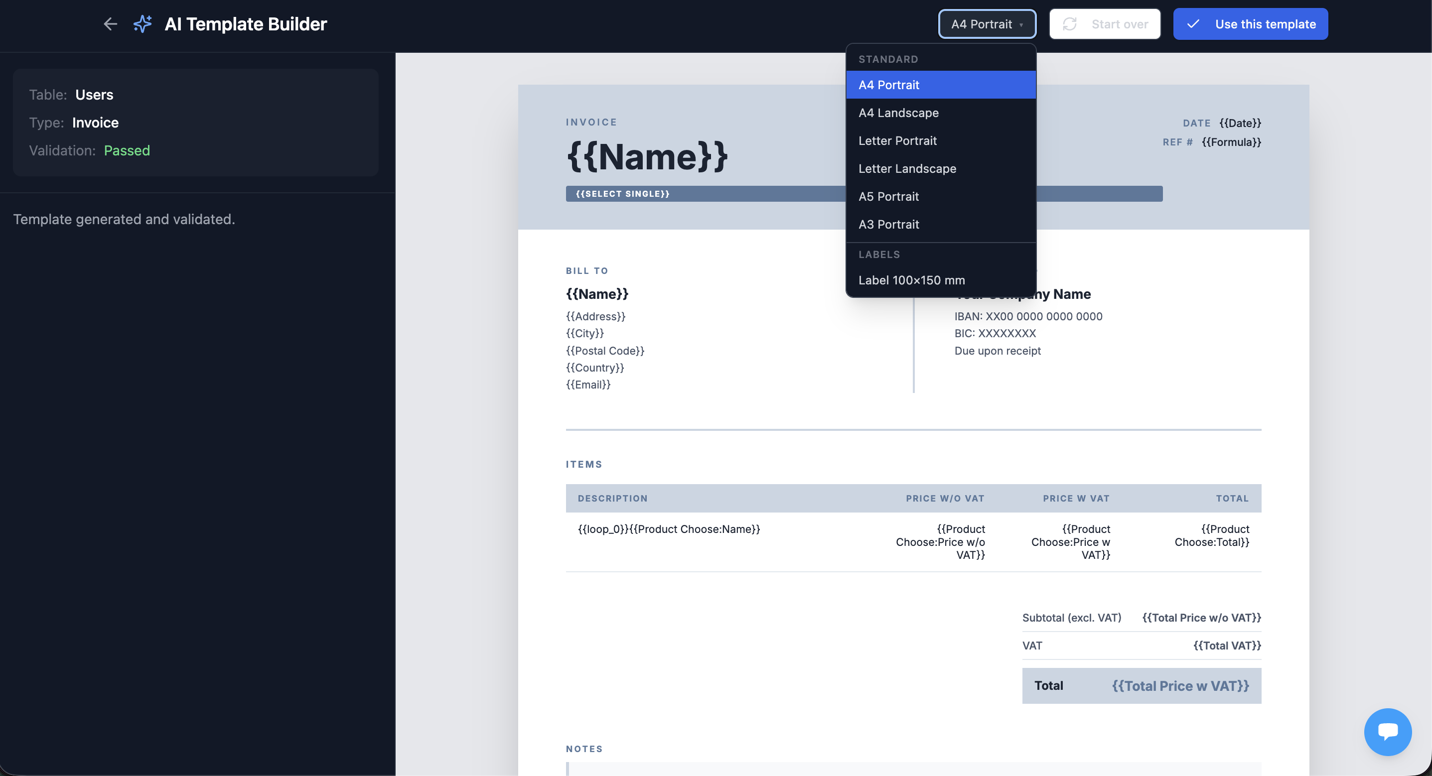 Format selector dropdown showing A4, Letter, A5, and label options