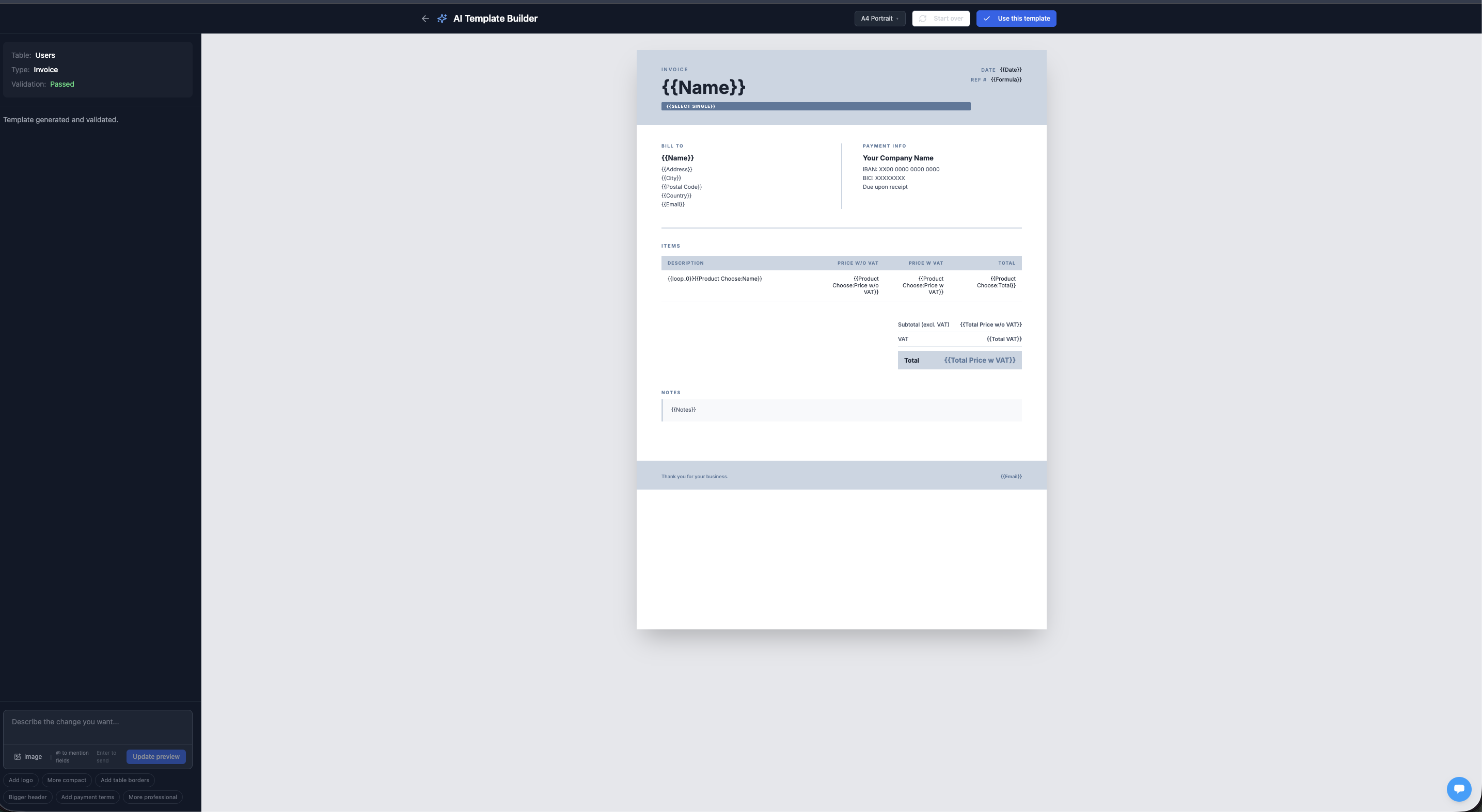 Two-column preview with conversation panel and A4 template preview