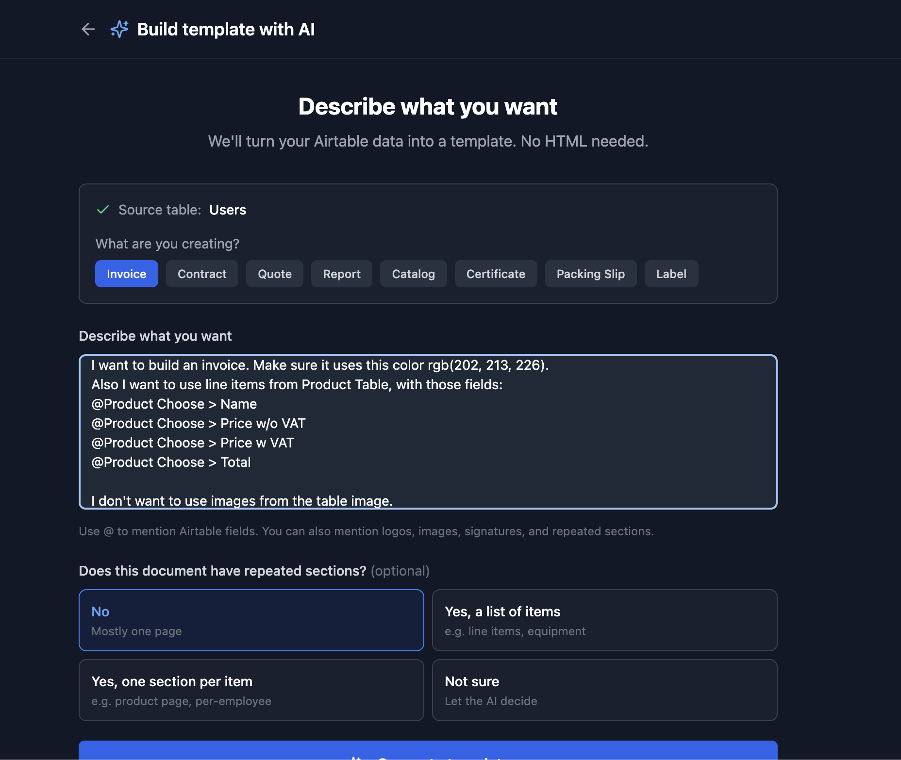 Setup screen with document type pills and description textarea