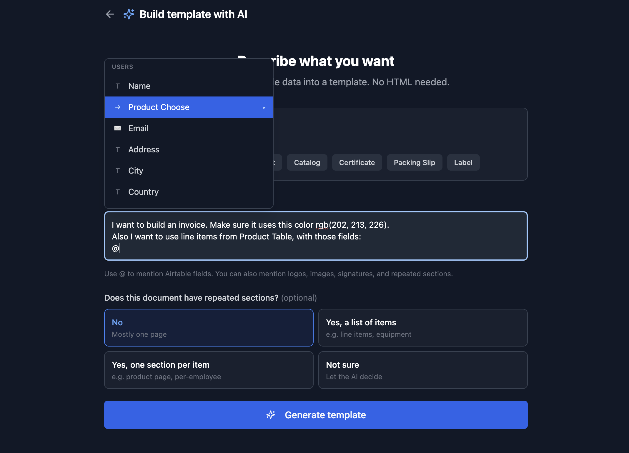 Template selection step showing Build with AI as recommended option