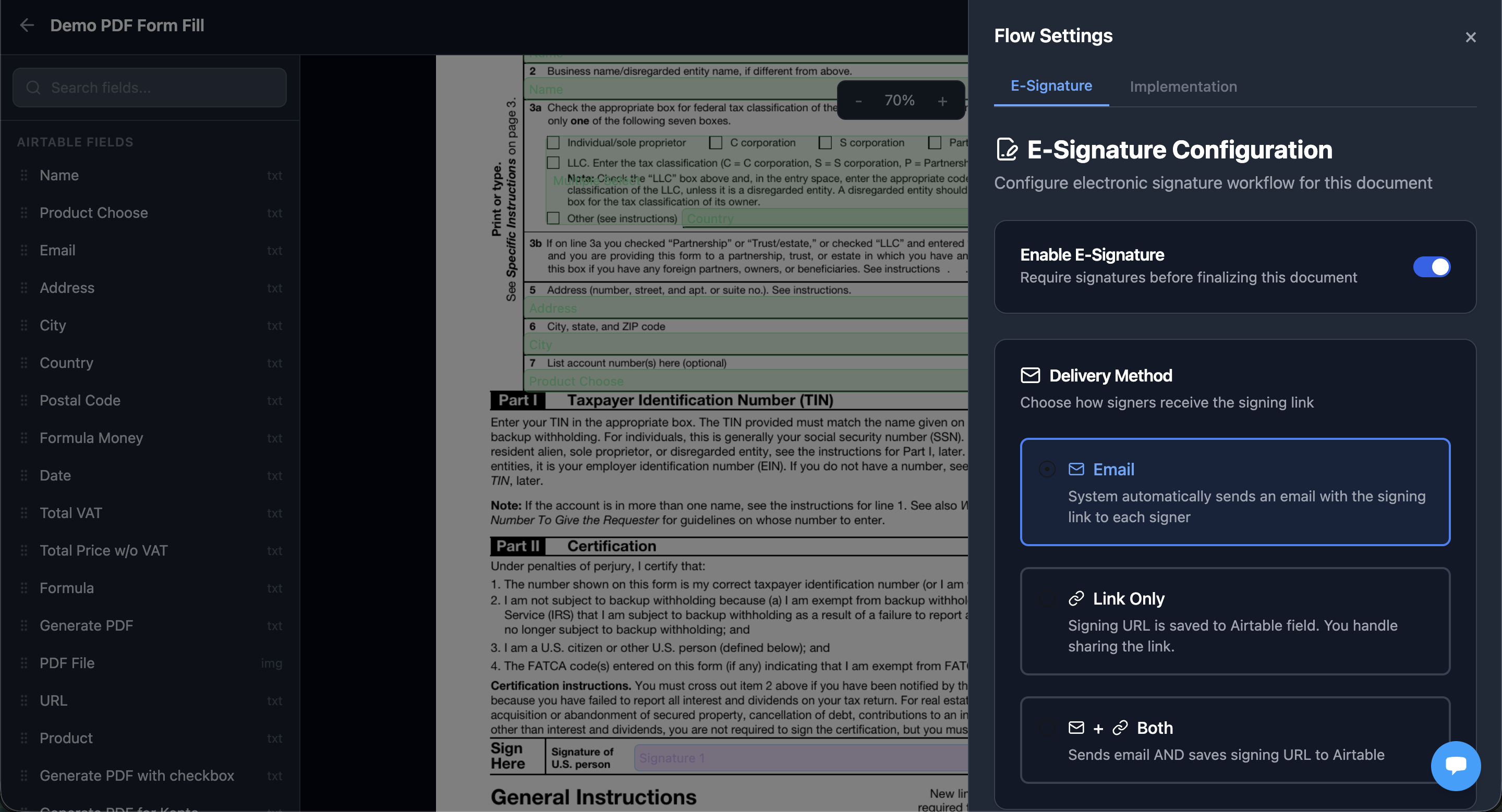 E-Signature settings panel with signer configuration