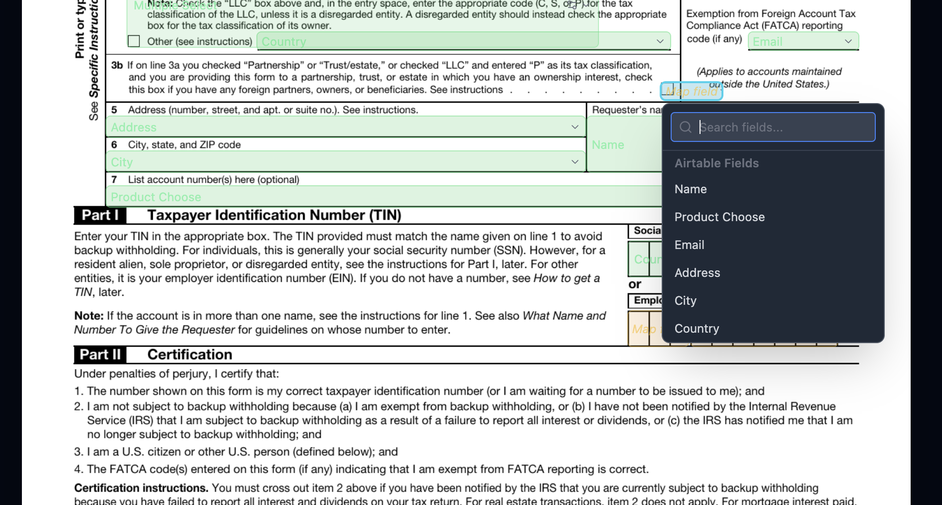 AcroForm field mapping - click to select an Airtable field