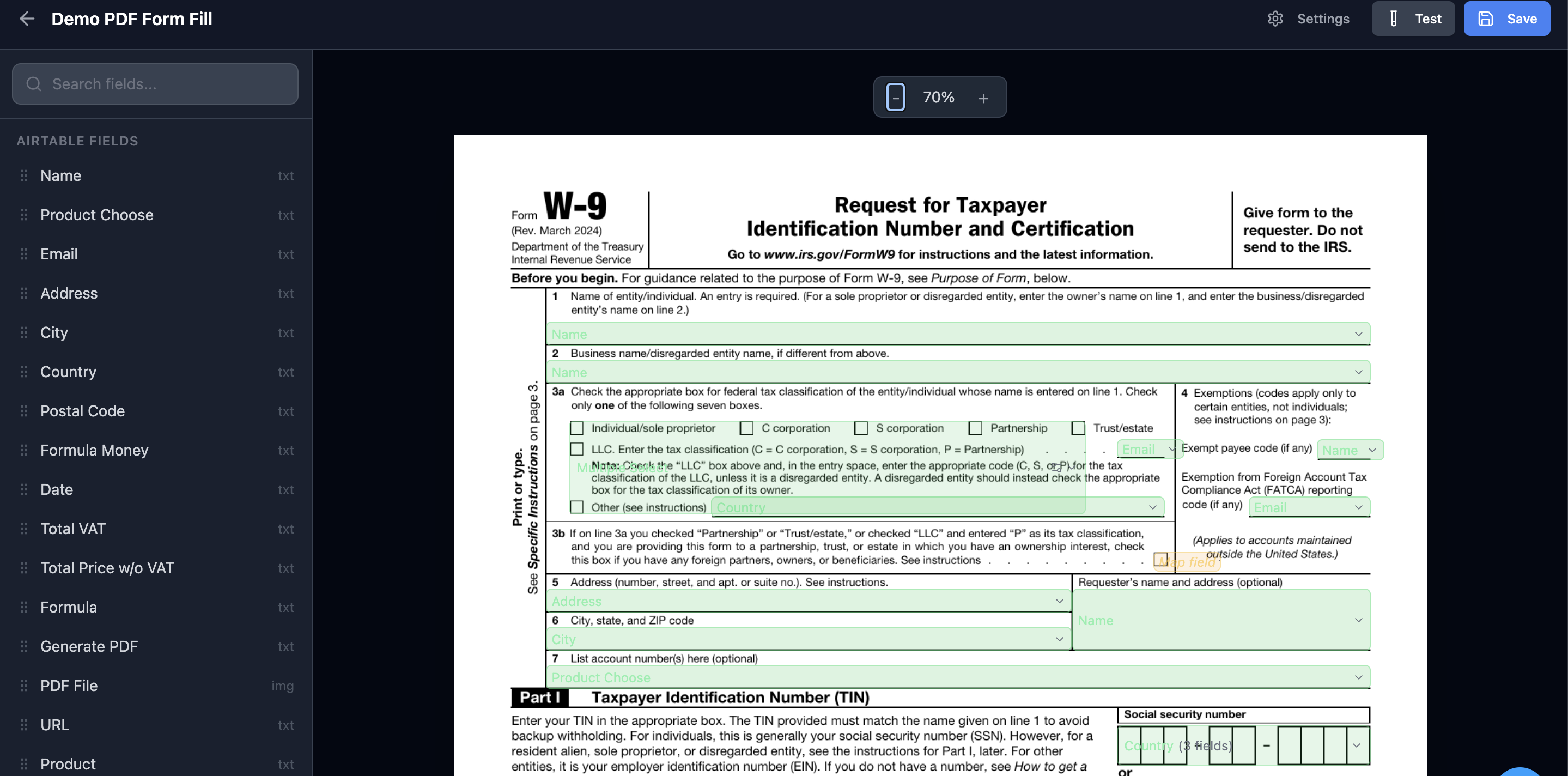 PDF Form Filling editor with a W-9 form and mapped fields
