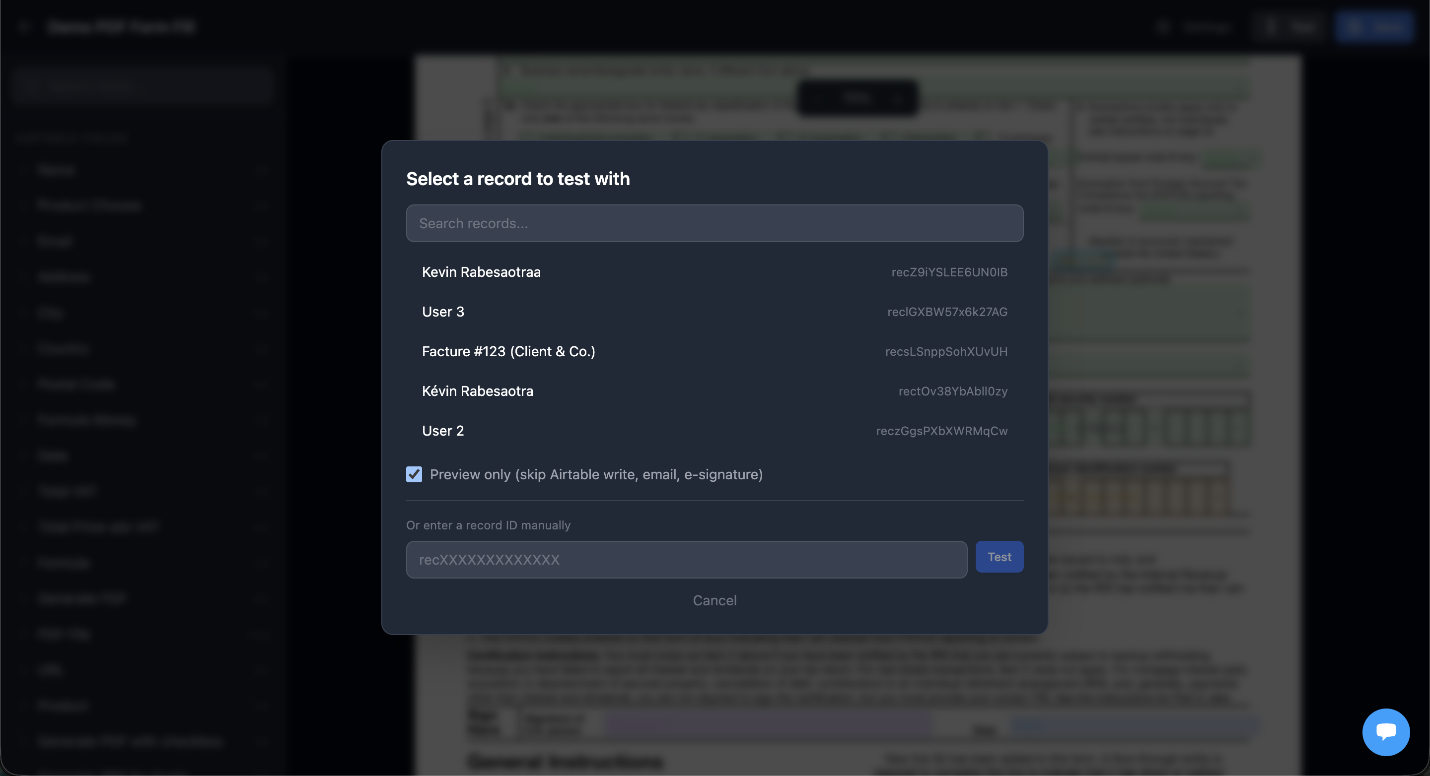 Test modal with record selector and preview toggle