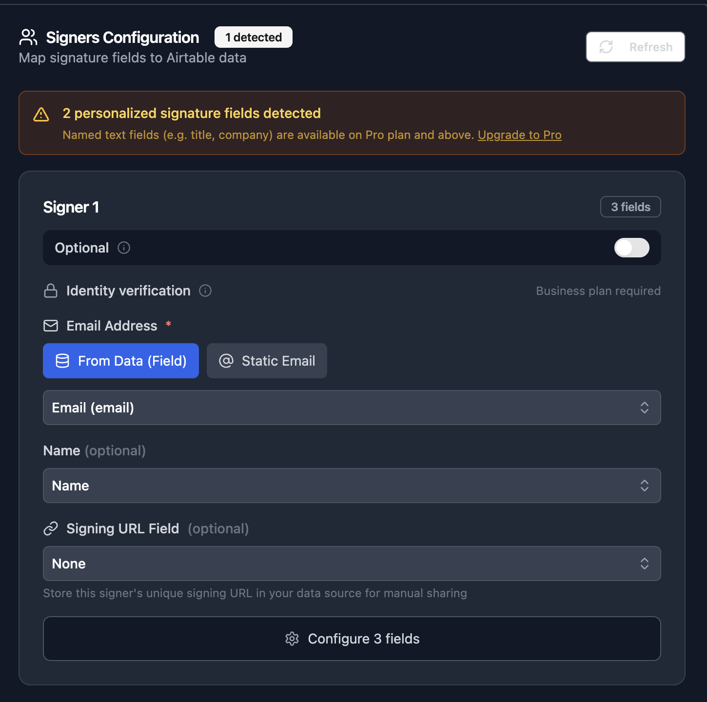 Upgrade banner showing 2 personalized signature fields detected on non-Pro plan