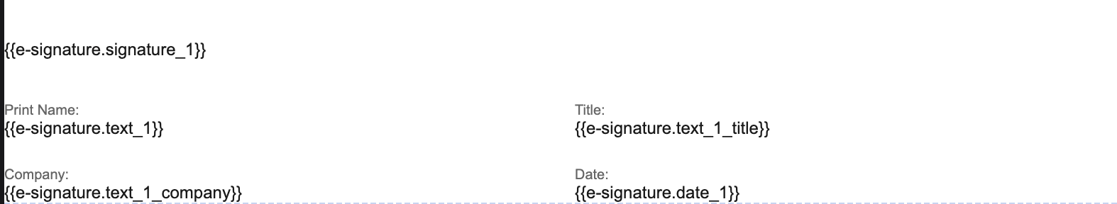 HTML template with named e-signature text fields like title and company