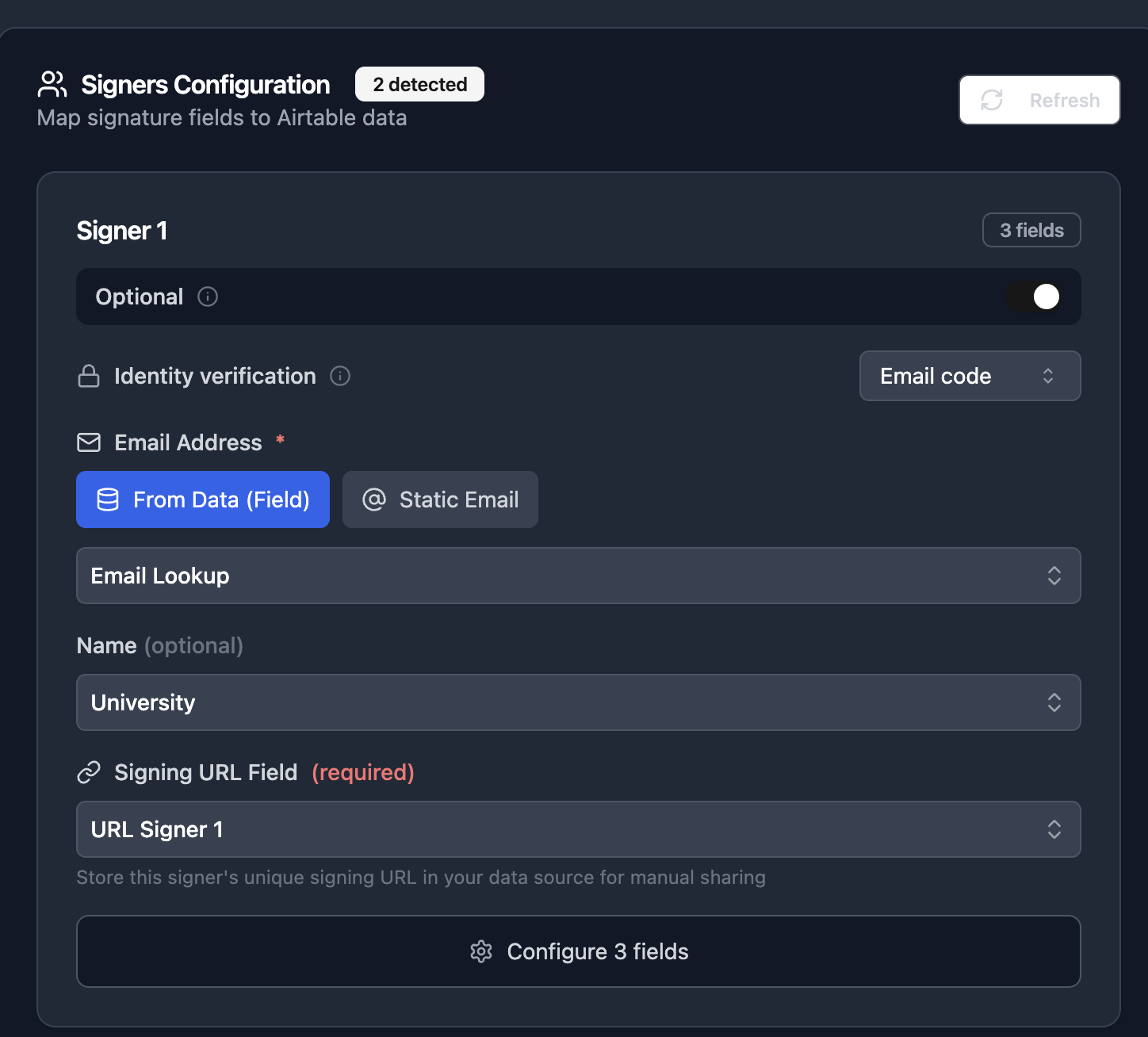 Signer configuration panel with email, name, signing URL and field configuration