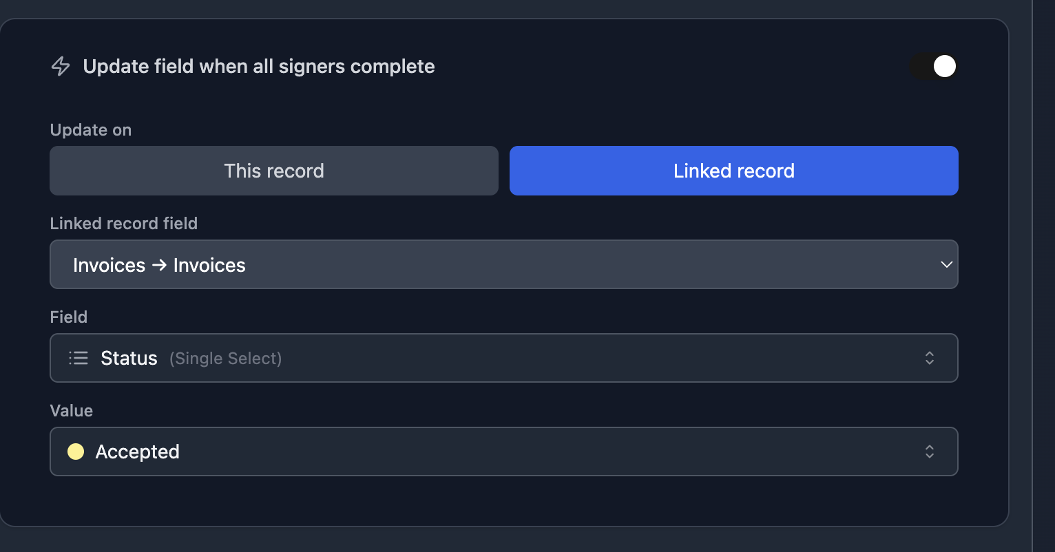 Update field when all signers complete - Linked record mode with Invoices table, Status field set to Accepted