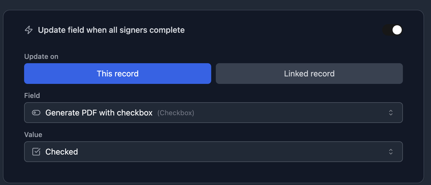 Update field when all signers complete - This record mode with checkbox field set to Checked