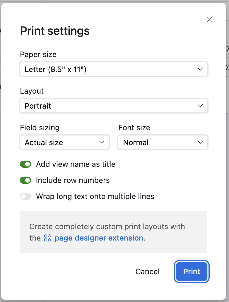Airtable Print Settings dialog