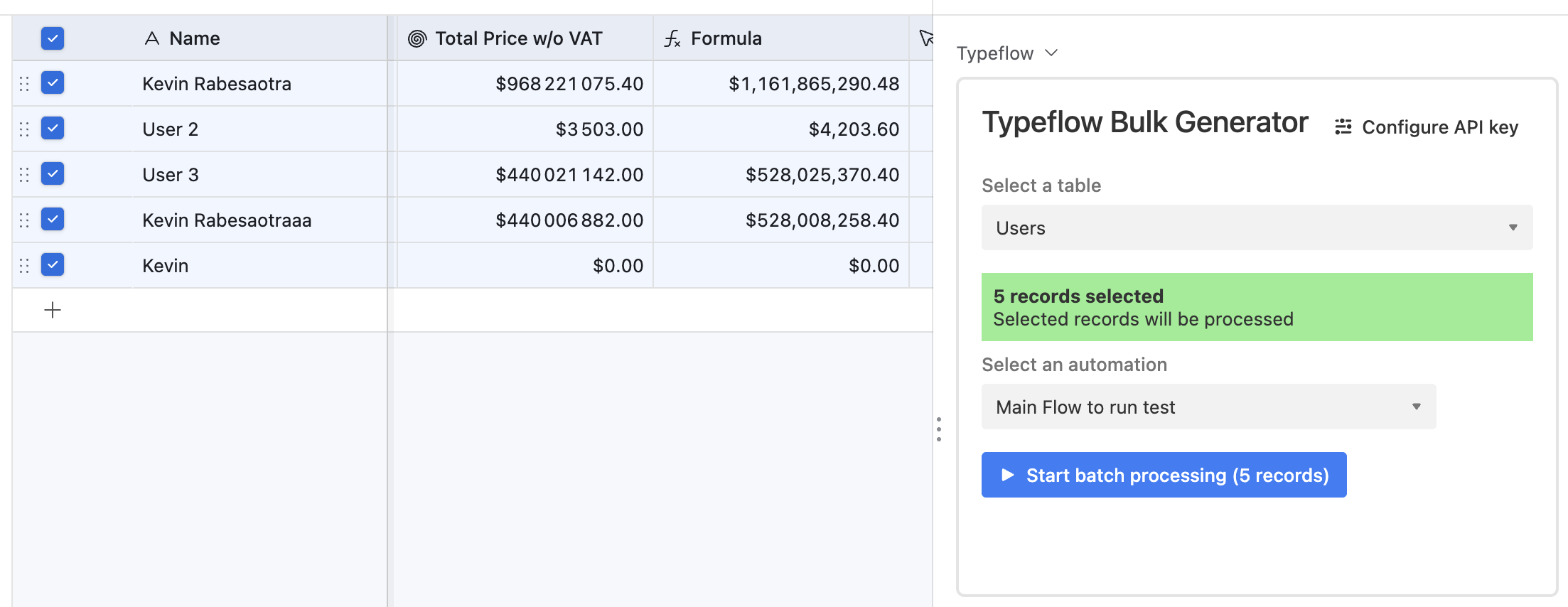TypeFlow Airtable Extension interface showing bulk PDF generation - Selecting multiple Airtable records to generate hundreds of PDFs at once