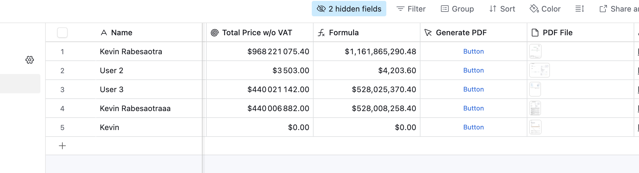 TypeFlow Button Field in Airtable base showing one-click PDF generation - User clicking button to generate invoice PDF from Airtable record